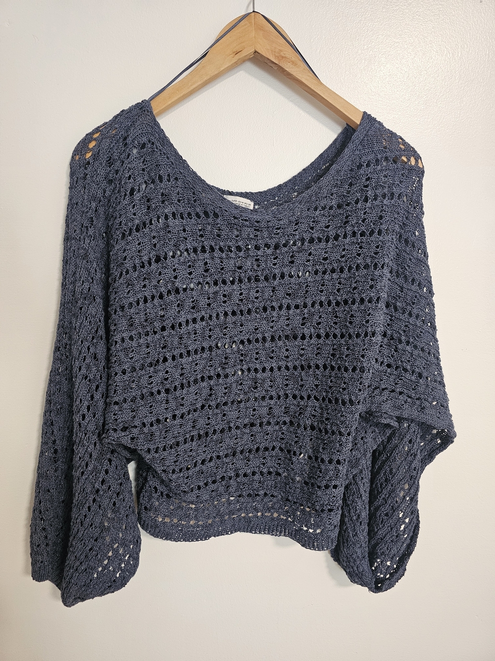 Zara Dusty Blue Open-Knit Scoop Neck Sweater Crochet Boho Size M